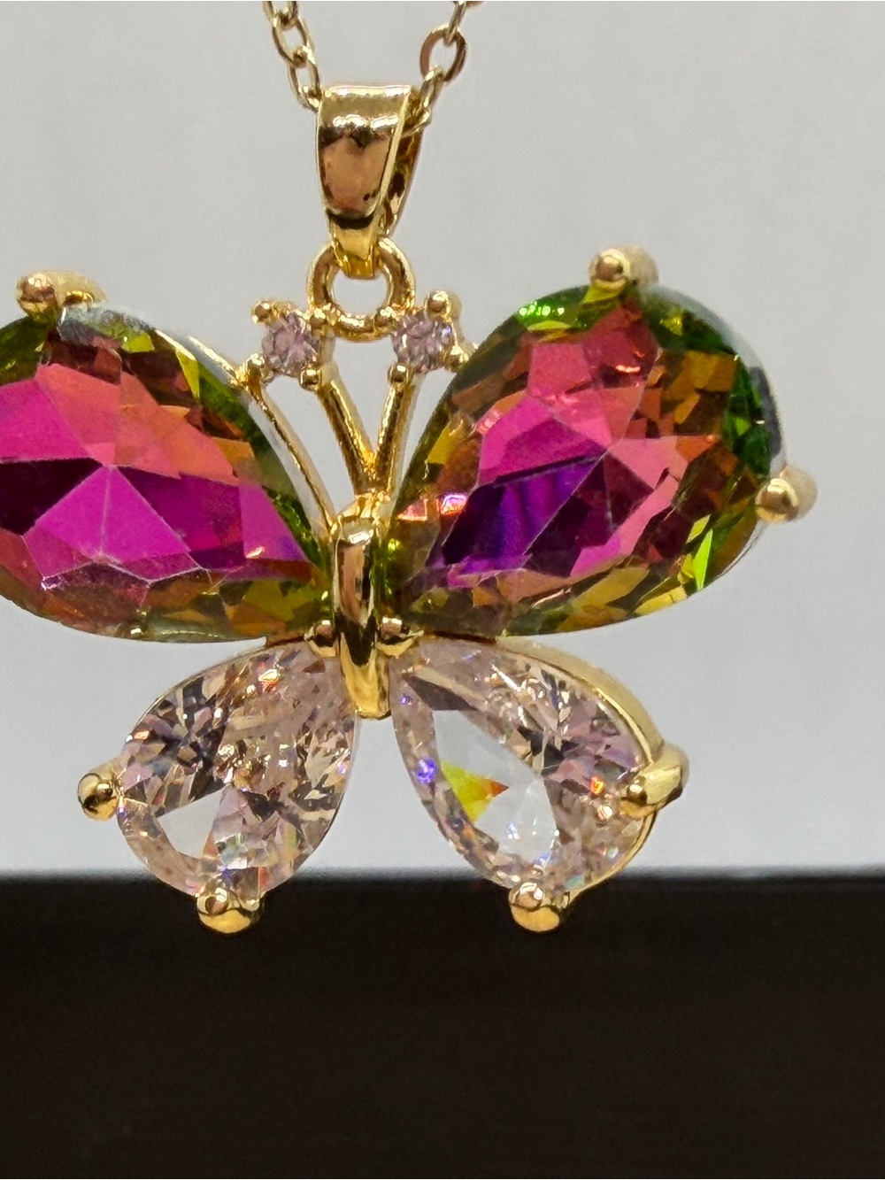 Gold Butterfly Pendant Necklace with Pink and Green Crystal Wings